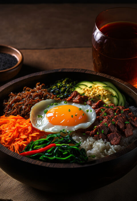 A bowl of bibimbap, a popular Korean dish consisting of rice topped with a mix of sautéed and raw vegetables, seasoned beef or other protein, and a fried egg, with a spicy chili pepper paste on the side.