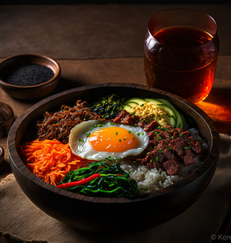 A bowl of bibimbap, a popular Korean dish consisting of rice topped with a mix of sautéed and raw vegetables, seasoned beef or other protein, and a fried egg, with a spicy chili pepper paste on the side.
