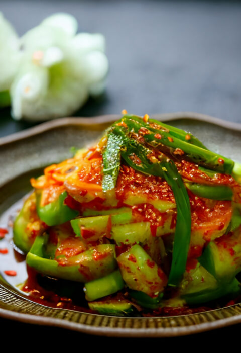 A colorful plate of Cucumber Kimchi, a traditional Korean side dish made with cucumbers, chili peppers, garlic, and other seasonings.