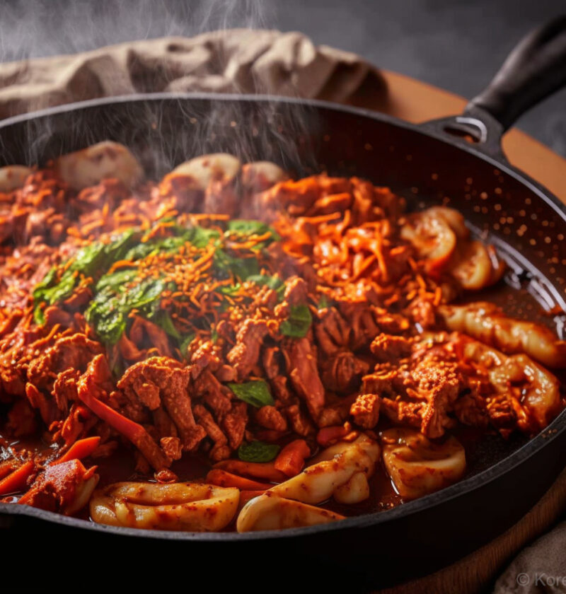 A pan of spicy Korean Dakgalbi, made with marinated chicken and mixed vegetables stir-fried in a spicy chili paste sauce.