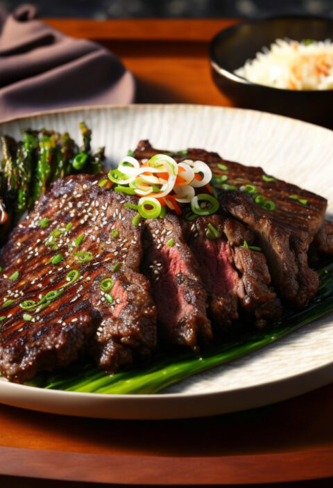 A delicious plate of Korean Galbi, marinated short ribs grilled to perfection and served with a side of vegetables.