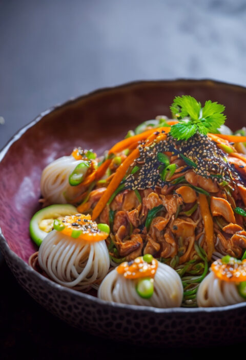 A colorful bowl of Golbaengi muchim, a traditional Korean dish made with spiralized conch meat mixed with a spicy and tangy sauce.