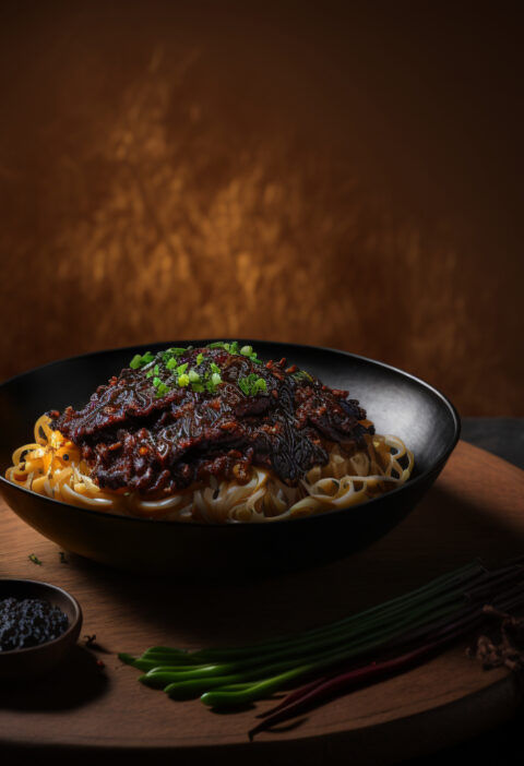 A hearty bowl of Jajangmyeon, a popular Korean-Chinese dish made with noodles, black bean sauce, and vegetables.