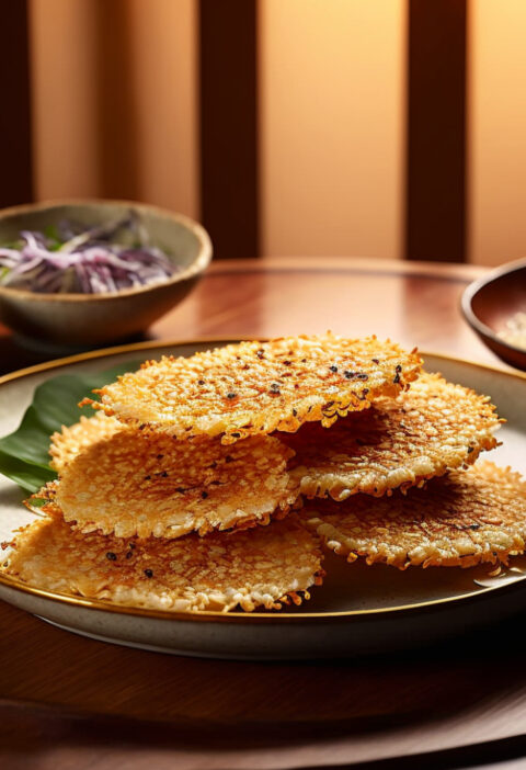 A stack of traditional Korean japgok nurungji on a plate, crispy rice crusts formed from the bottom of a pot of rice