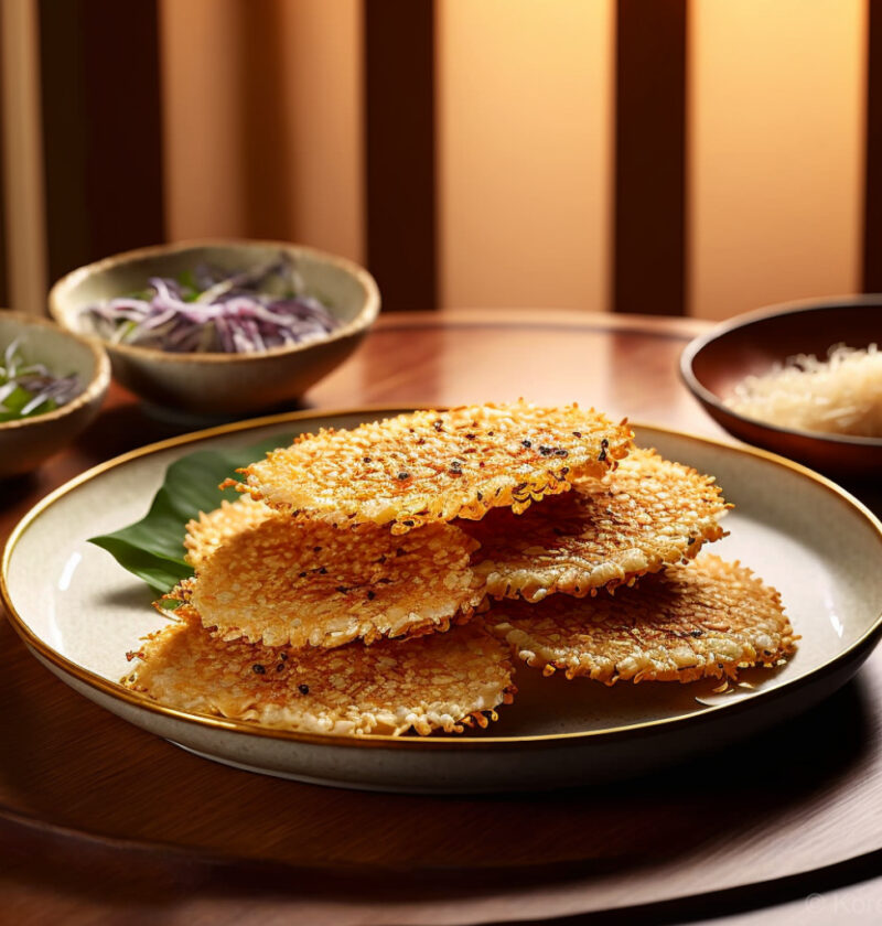 A stack of traditional Korean japgok nurungji on a plate, crispy rice crusts formed from the bottom of a pot of rice