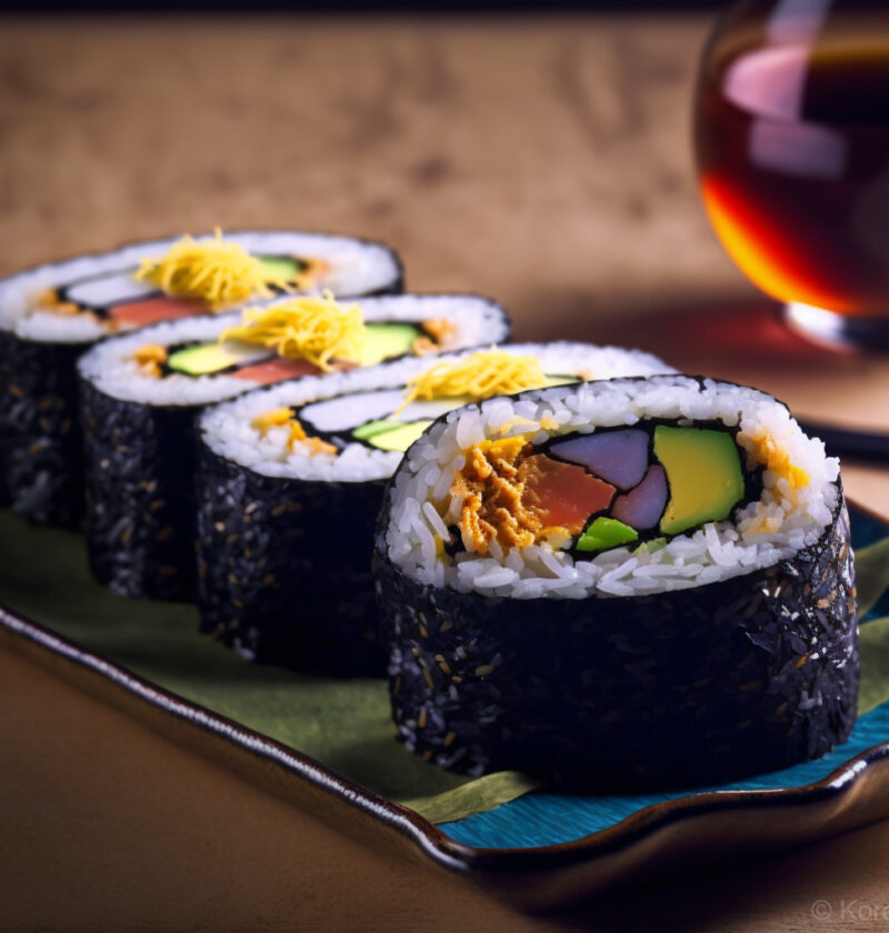 A colorful plate of traditional Korean dish, Kimbap, made with steamed rice, vegetables, and crab meat rolled in seaweed.