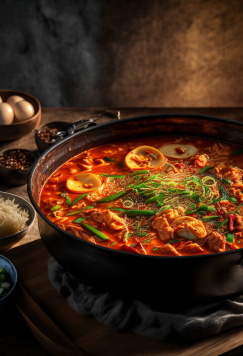 A steaming pot of Kimchi jjigae, a traditional Korean stew made with fermented kimchi, pork, and vegetables.