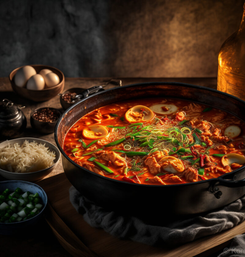 A steaming pot of Kimchi jjigae, a traditional Korean stew made with fermented kimchi, pork, and vegetables.