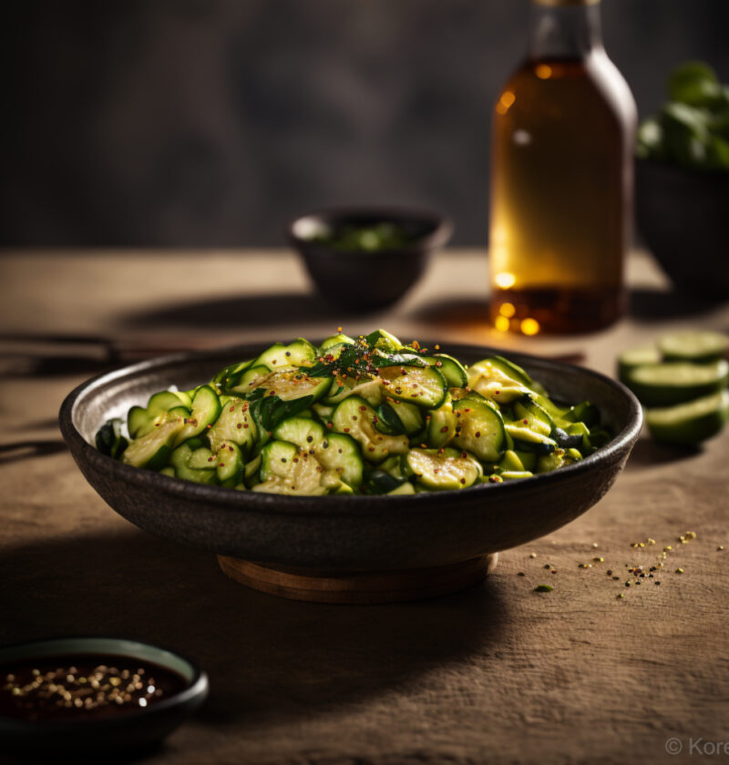 A refreshing bowl of Korean cucumber salad, sliced cucumbers mixed with a tangy and spicy dressing of vinegar, garlic, and chili flakes.