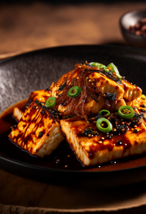 A bowl of crispy and savory Korean fried tofu, served with a side of soy sauce and scallions for dipping.