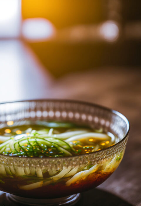 A bowl of Naeng Guk, a cold Korean soup made with beef or dongchimi broth, cucumber, pear, and egg, garnished with mustard and vinegar.