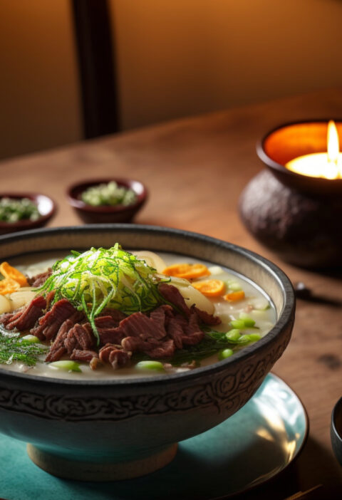 A hearty bowl of Seolleongtang, a traditional Korean soup made with slow-cooked beef bones and filled with rice and green onions.