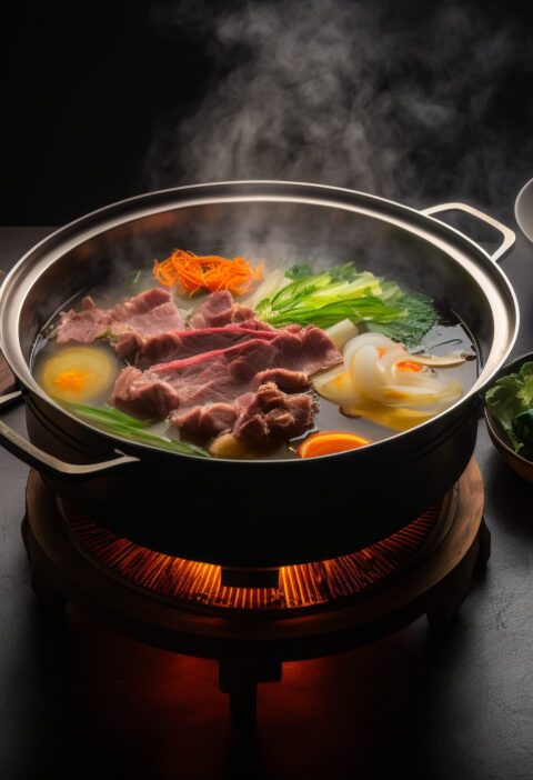 A steaming hot pot of Shabu Shabu, a traditional Japanese dish made with thinly sliced meats and vegetables cooked in a flavorful broth.