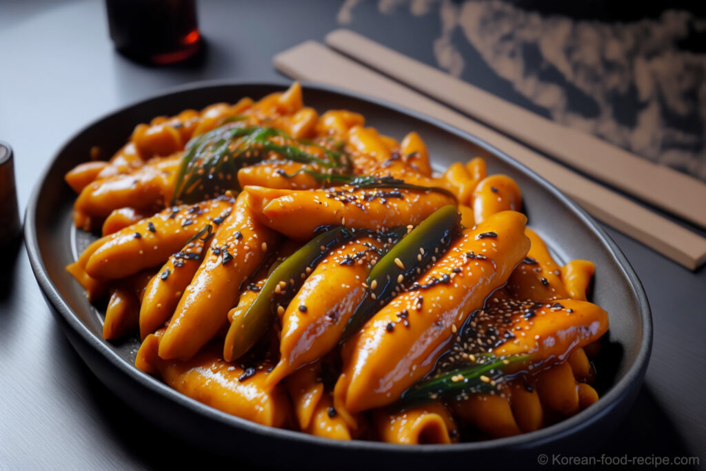 A vibrant plate of Korean Tteokbokki, featuring chewy rice cakes in a spicy, sweet red chili sauce, garnished with scallions and fish cakes.
