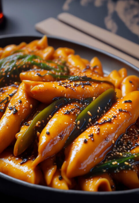 A vibrant plate of Korean Tteokbokki, featuring chewy rice cakes in a spicy, sweet red chili sauce, garnished with scallions and fish cakes.