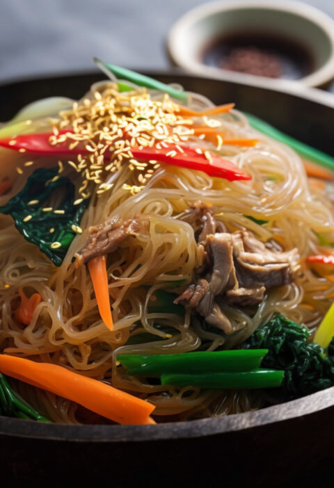 Japchae recipe; Bowl of the best japchae recipe with vegetables and beef. Easy japchae recipe to make at home.